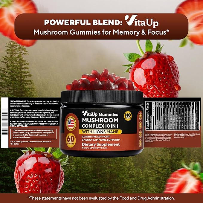 Mushroom Gummies for Adults - USA Made 10 in 1 Mushroom Supplement - Mushroom Complex with Lions Mane, Cordyceps, Turkey Tail, Reishi, Shiitake for Cognitive & Immune Support - 60 Count