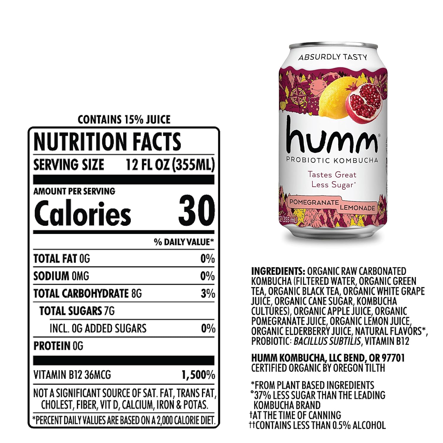 Humm Kombucha Pomegranate Lemonade, Organic, Vegan & GMO Free (24 Pack)
