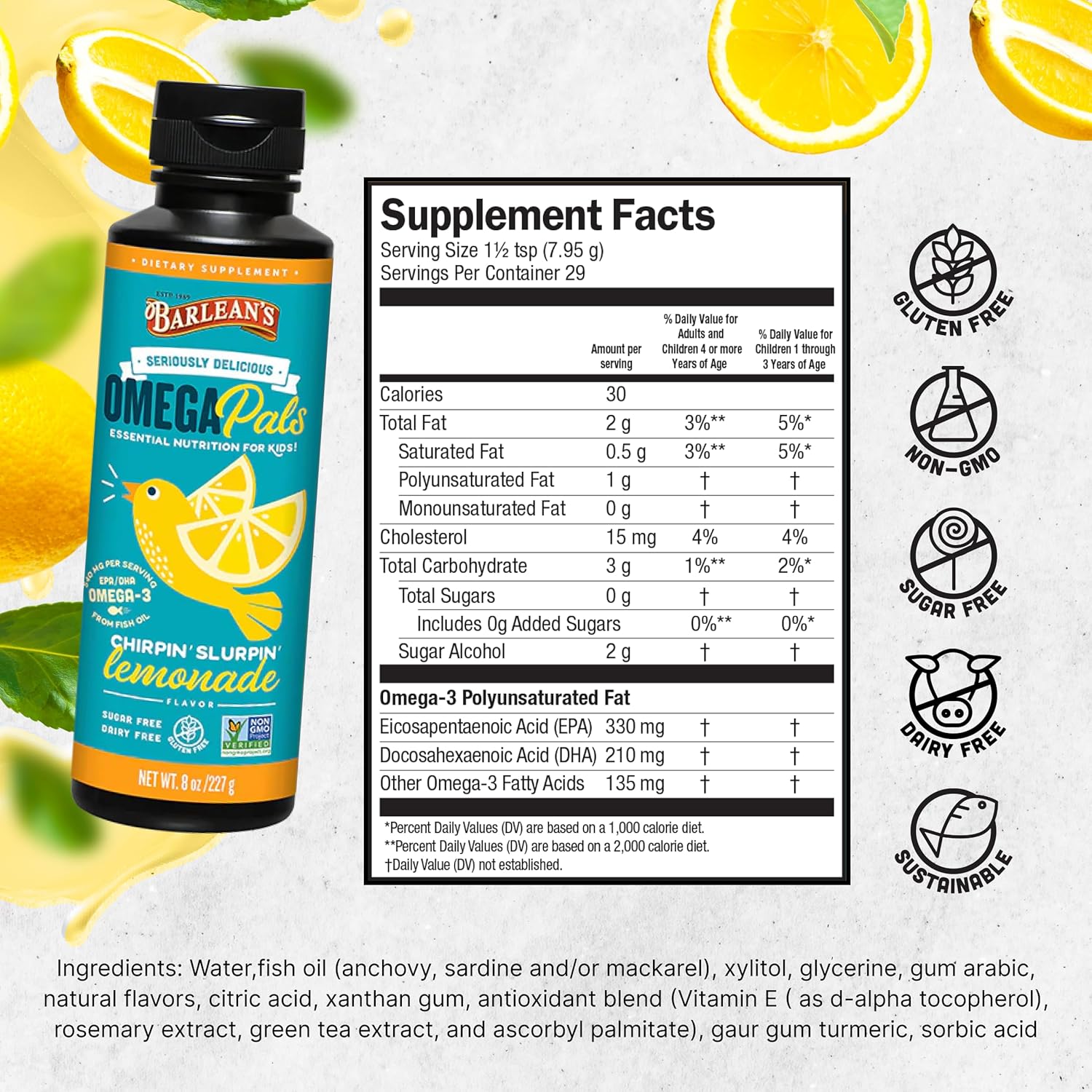 Barlean's Omega 3 Fish Oil Liquid Supplement for Kids, Chirpin' Slurpin' Lemonade, 540 mg of EPA and DHA Fatty Acid, 8 oz