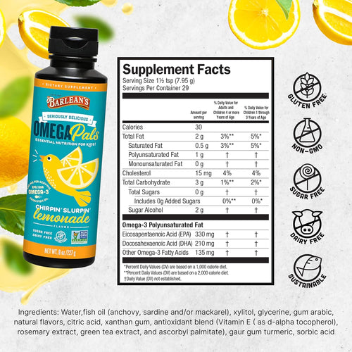 Barlean's Omega 3 Fish Oil Liquid Supplement for Kids, Chirpin' Slurpin' Lemonade, 540 mg of EPA and DHA Fatty Acid, 8 oz