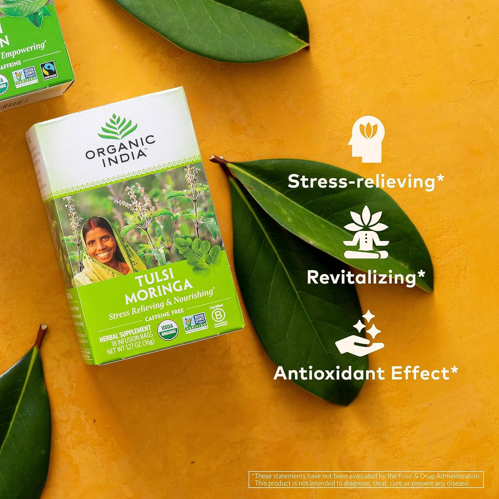 ORGANIC INDIA Tulsi Moringa Tea Bags - Holy Basil, Lemongrass, Moringa Leaves, Stress Relieving & Nourishing, Immune Support Tea, Vegan, Certified Organic, Caffeine-Free - 18 Infusion Bags, 6 Pack