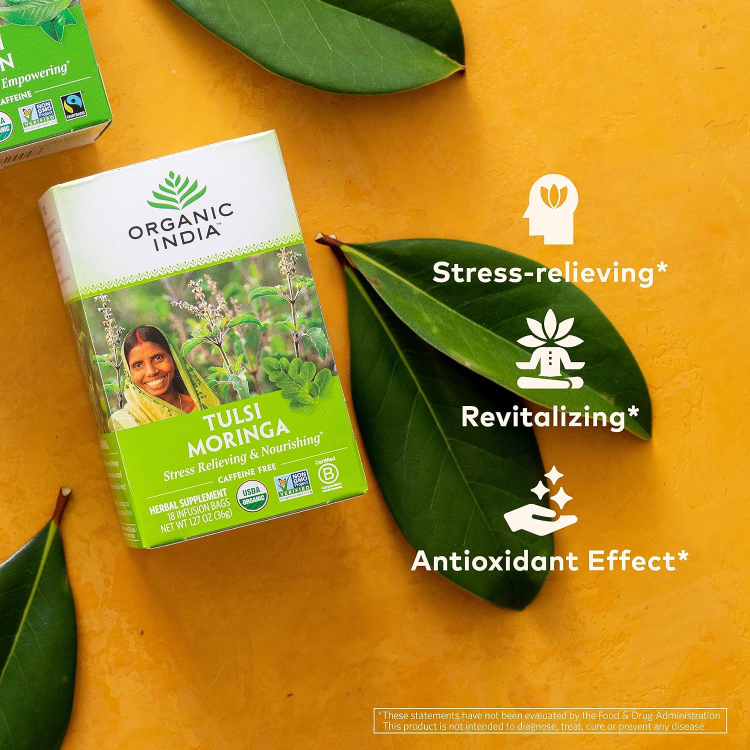 ORGANIC INDIA Tulsi Moringa Tea Bags - Holy Basil, Lemongrass, Moringa Leaves, Stress Relieving & Nourishing, Immune Support Tea, Vegan, Certified Organic, Caffeine-Free - 18 Infusion Bags, 6 Pack