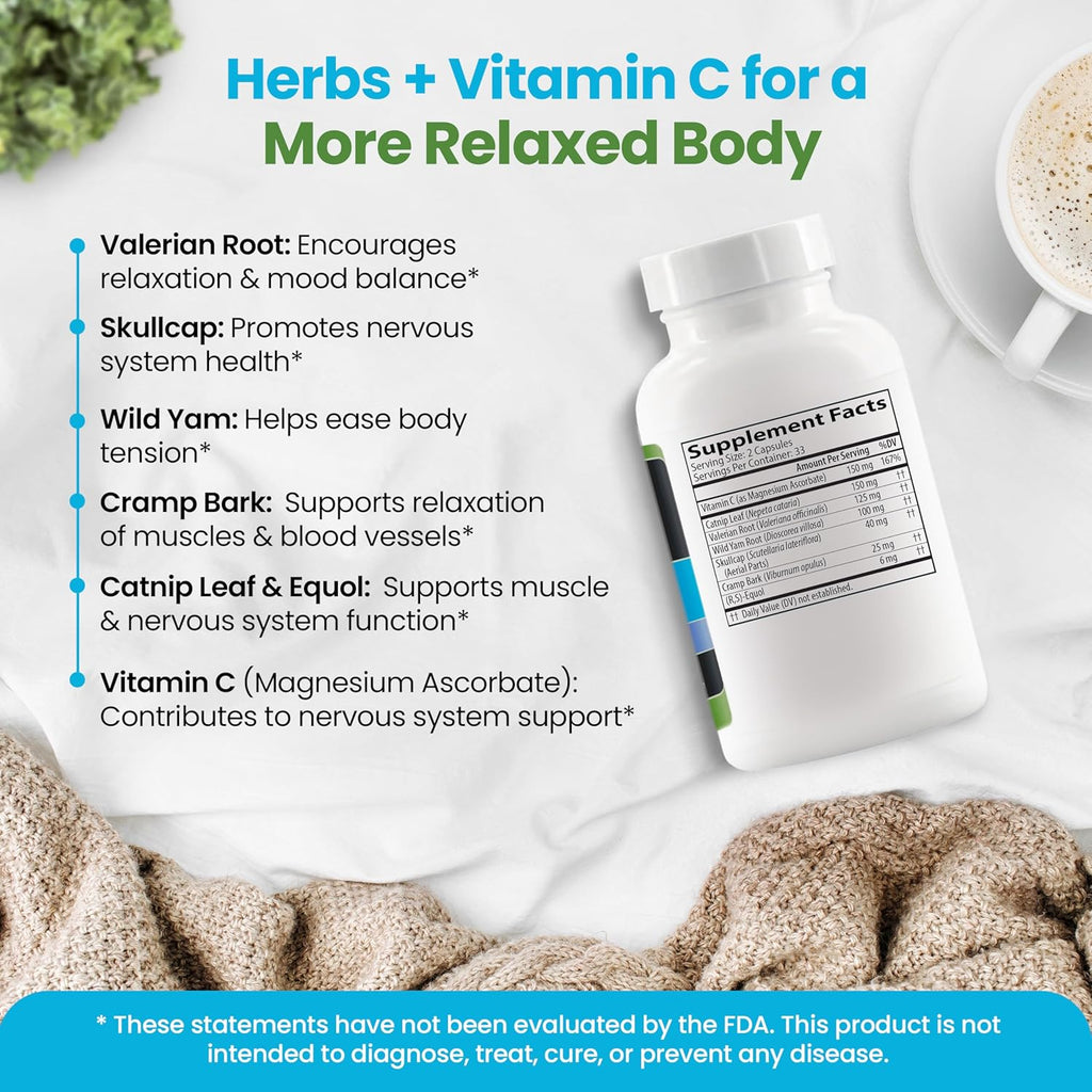 Daily Tension Release – Synergistic Herbal & Vitamin C Formula for Muscle Relaxation Support - With Valerian Root, Skullcap & Catnip for Occasional Stress Support - Non-Drowsy, Natural Support