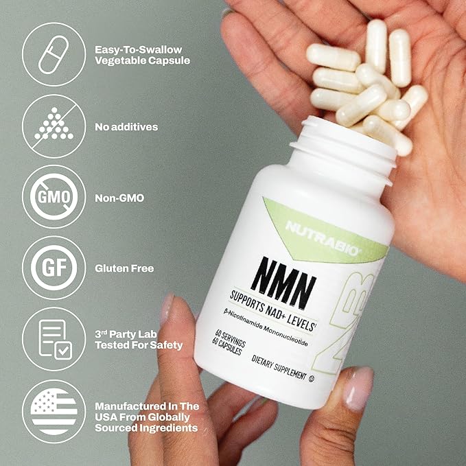 NutraBio NMN - NAD Supplement, Longevity Support, Boost NAD Levels, Increase Cellular Energy, Brain Health, Healthy Aging- 60 Servings- 60 Capsules