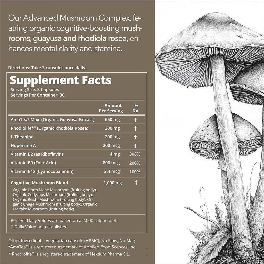 Organic Mushroom Supplement with Cognitive Nootropic Mushroom Blend - Lion’s Mane, Cordyceps, Reishi, Chaga, Maitake + Amatea Max, Rhodiolife Rhodiola Rosea, L-Theanine + B-Vitamins, 30-Day Supply
