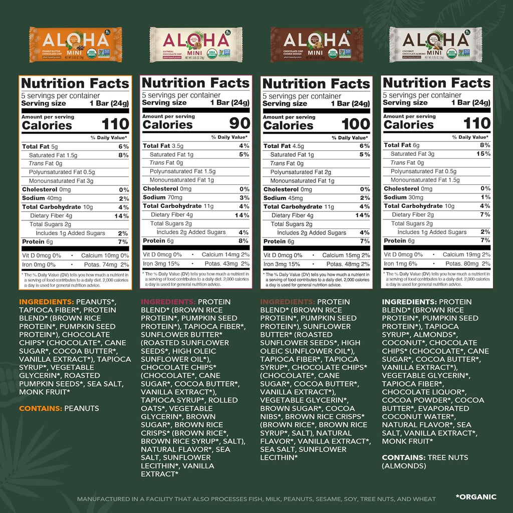 ALOHA Organic Plant Based Protein Bar MINIS | Variety Pack | 20 Count, 24g Bars | Vegan, Low Sugar, Gluten Free, Low Carb, Non-GMO, Stevia Free, Soy Free, No Sugar Alcohols