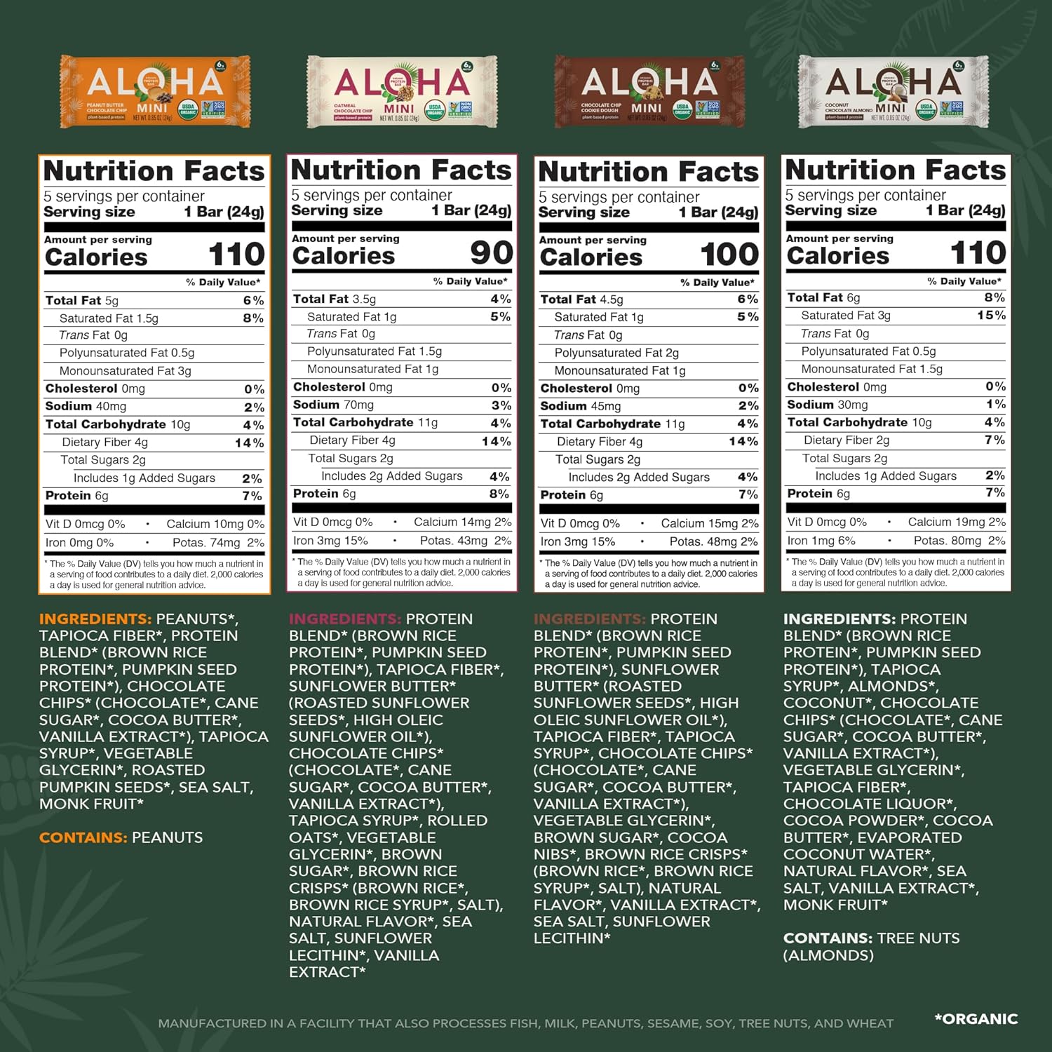 ALOHA Organic Plant Based Protein Bar MINIS | Variety Pack | 20 Count, 24g Bars | Vegan, Low Sugar, Gluten Free, Low Carb, Non-GMO, Stevia Free, Soy Free, No Sugar Alcohols