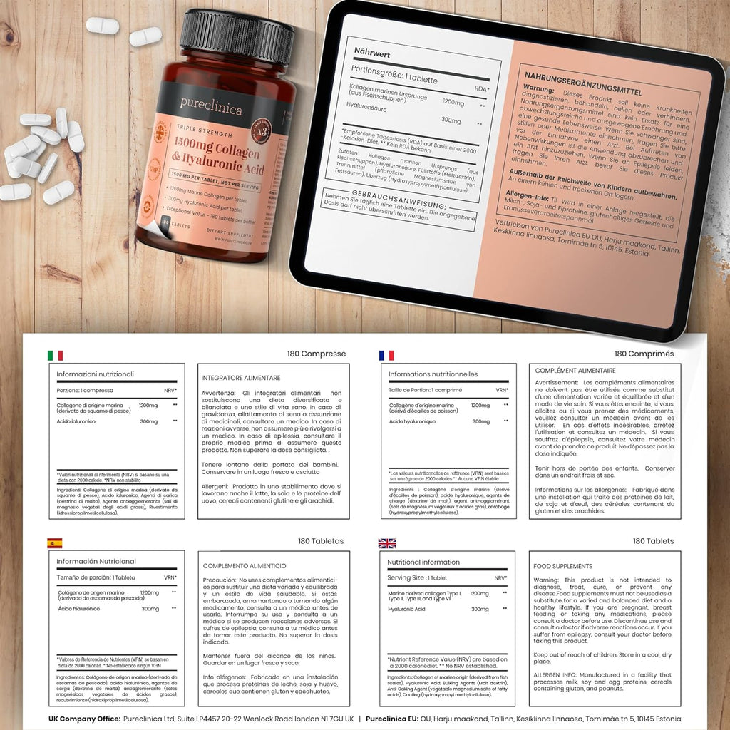 pureclinica 1500mg UltraColl Collagen (1200mg) and Hyaluronic Acid (300mg) x 180 Tablets - 6 Months Supply