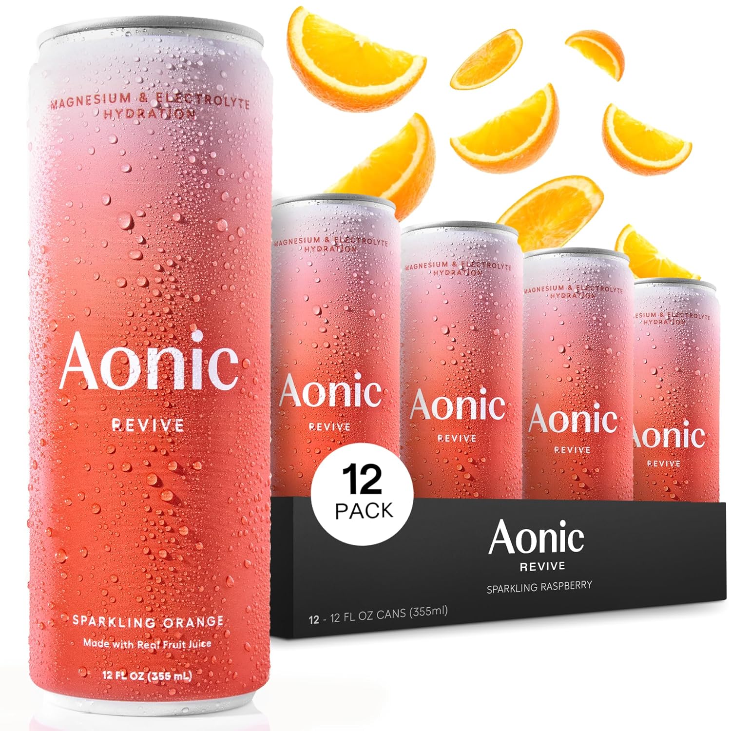 Aonic Revive Sparkling Orange – Hydration Drink with Magnesium & Potassium Electrolytes, Delicious Taste, Real Fruit Juice, 12oz (12 Pack)