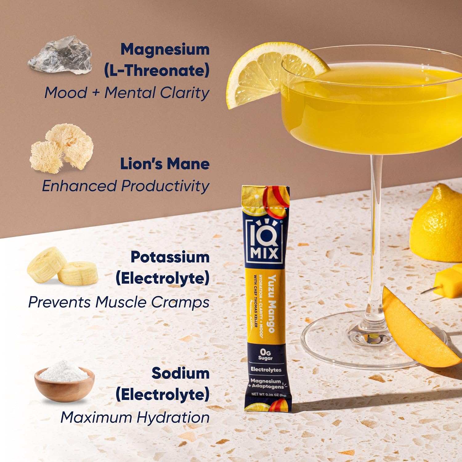 IQMIX x Chef Thomas Keller - Hydration Electrolyte Powder – 4-in-1 Formula for Hydration, Mental Clarity, Mood and Recovery – Sugar-Free, Keto, Magnesium L-Threonate, Lion’s Mane – 20 Count Yuzu Mango