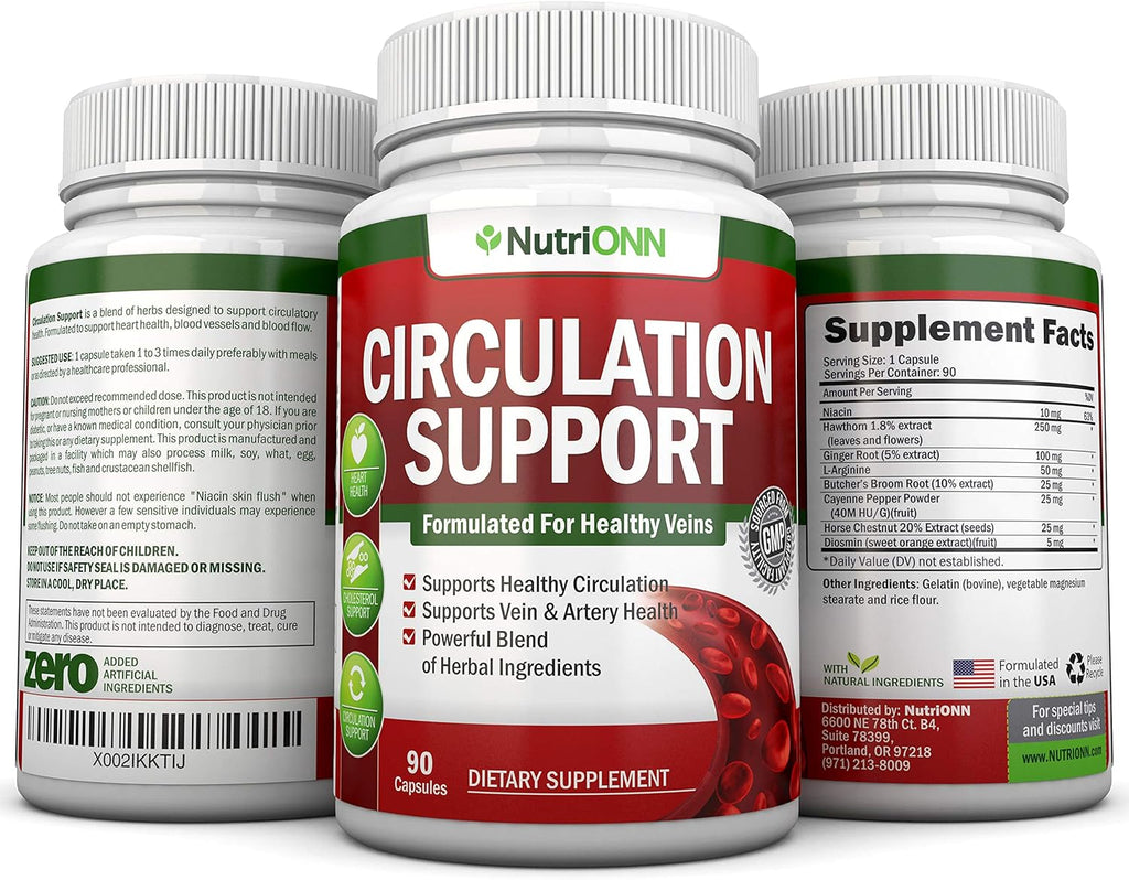 Blood Circulation Support - All Herbal Supplement For Healthy Blood Flow, Arteries & Veins - Promotes Leg Comfort - With Hawthorn, Niacin, L-Arginine, Butcher’s Broom, Cayenne Pepper, Horse Chestnut