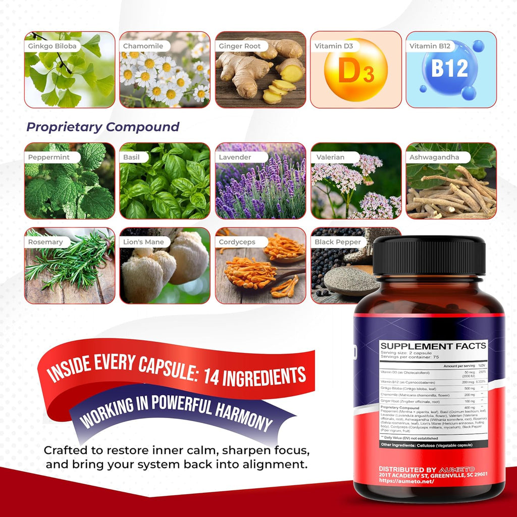 Vertigo Support Complex with Ginkgo Biloba, Chamomile, Ginger, Vitamin D3, B12 - Advanced 14-in-1 Formula for Spinning Dizziness Inner Ear Balance* - Made in The USA