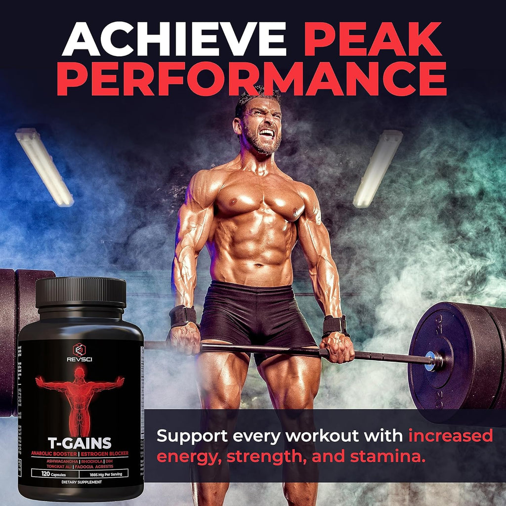 Anabolic Booster for Muscle Growth, T-GAINS Test Booster & Estrogen Blocker for Men, Mens Testosterone Booster Supplement, HGH Supplements Muscle Builder with Tongkat Ali Fadogia Agrestis, 120 Caps