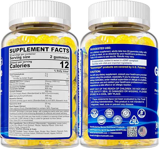 NEVISS Sugar Free Glucosamine Filled Gummies - Glucosamine Supplement Plus Chondroitin, MSM, Turmeric, Boswellia, Hyaluronic Acid, Vitamin D3 & Zinc, 120 Gummies, 60 Servings