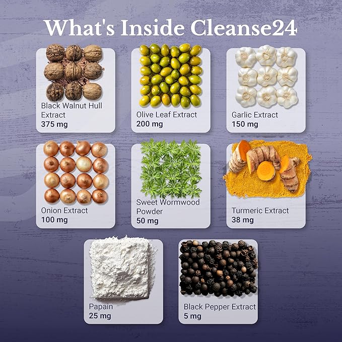Cleanse24 - Intestinal Cleanse for Humans with Wormwood, Papaya, Black Walnut - Herbal Intestinal Cleanse, Gut Cleanse for Men & Women, 180 Capsules
