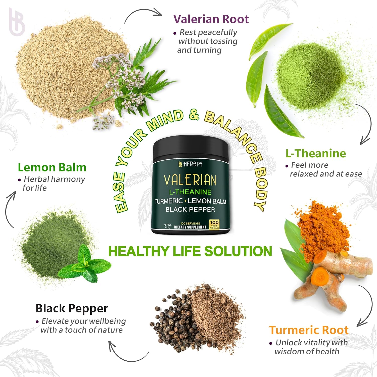 5in1 Valerian Root Capsules Plus L-Theanine, Lemon Balm, Turmeric and Black Pepper for Relaxation, Restful Night, Digestion & Immune Support - 100 Count