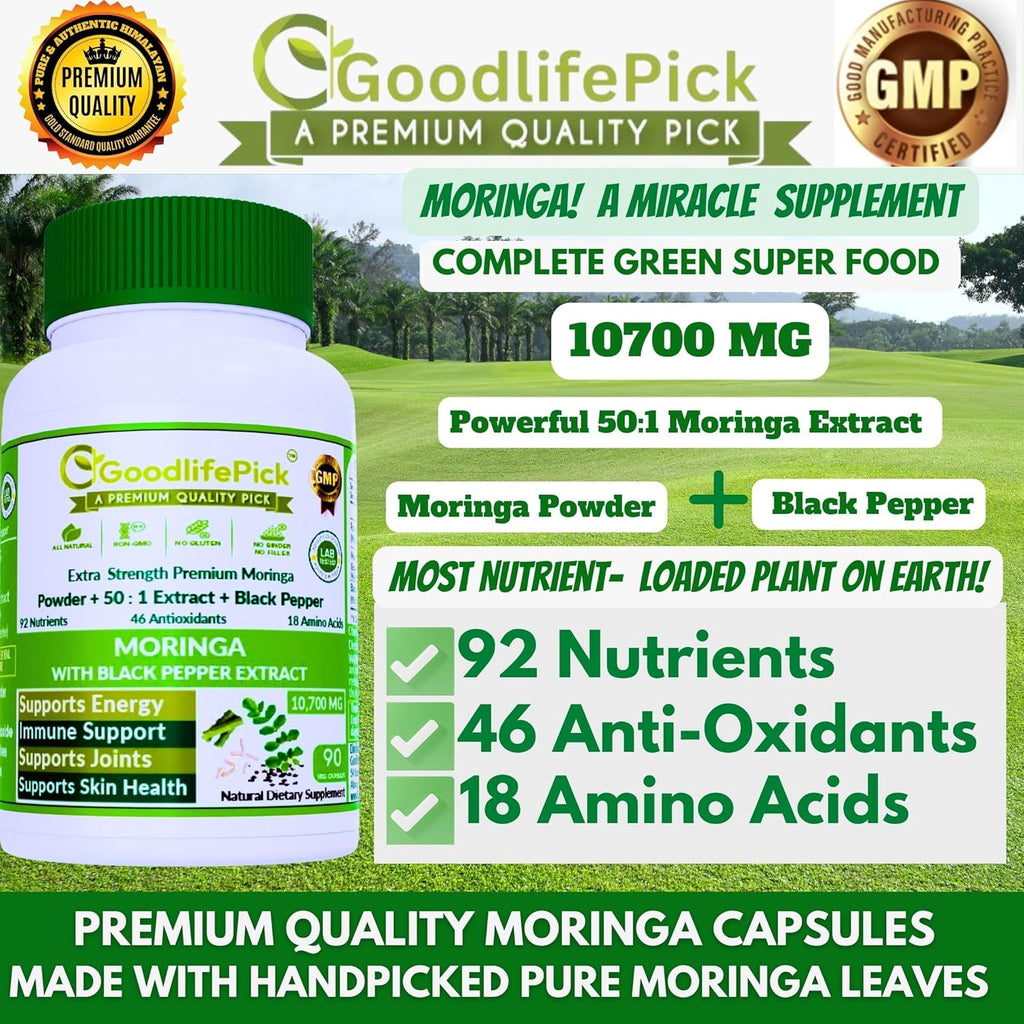 Premium Moringa Capsules. with Black Pepper from Handpicked Moringa Leaves with 50:1 Extract & Moringa Powder for Overall Wellness 90ct AllNatural NonGMO Lab-Tested No Rice Powder No Filler Vegan