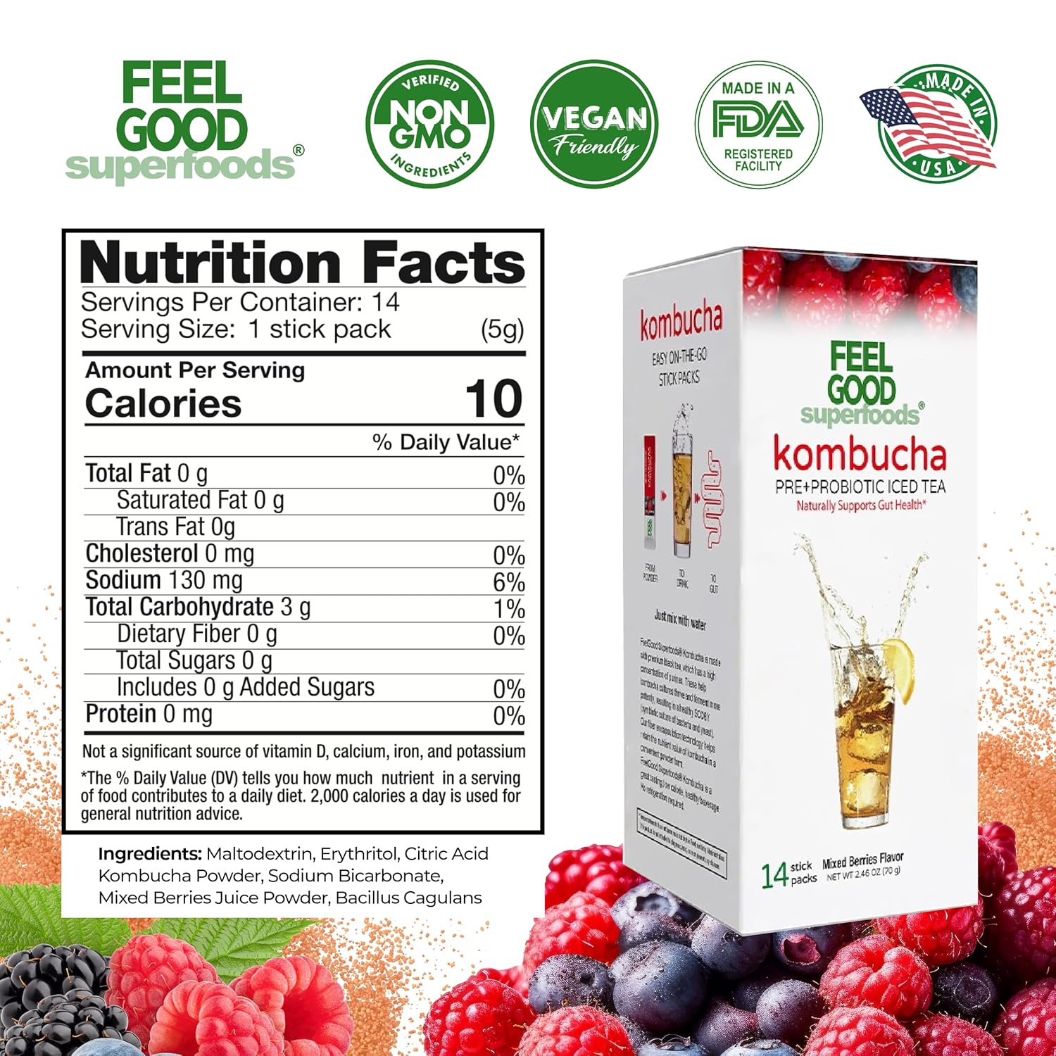FeelGood Superfoods Kombucha Iced Tea Packets, Delicious Mixed Berries Flavored Refreshing Instant Kombucha Powder Fizzy Drink, Probiotic Supplement for Gut Health, 14 Pack