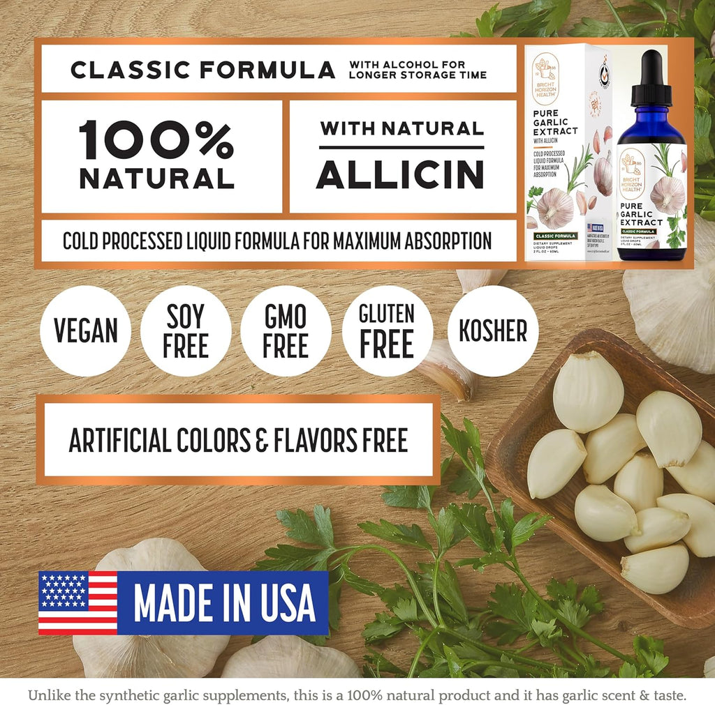 Pure Garlic Extract with Allicin Classic Formula Boost Immune Support Vegan Friendly Natural Supplement, Raw Organic Garlic in Liquid Form, Natural Superfood with Nutrients and Minerals (2 fl oz)