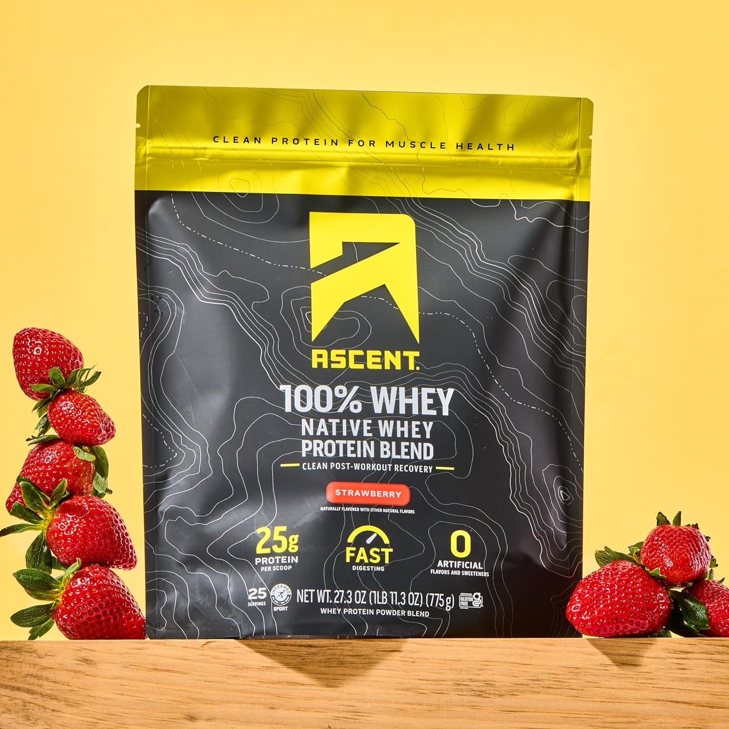 Ascent 100% Whey Protein Powder - Post Workout Whey Protein Isolate, Zero Artificial Flavors & Sweeteners, Gluten Free, 5.5g BCAA, 2.6g Leucine, Essential Amino Acids, Strawberry 1.7 lb