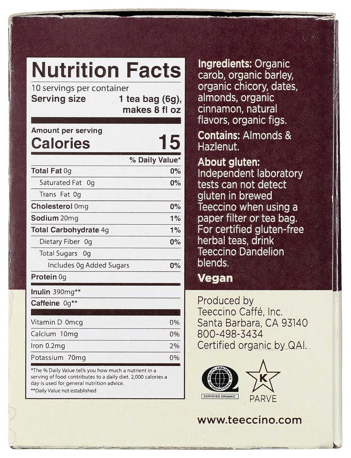 Teeccino Snickerdoodle Herbal Tea - Dessert Beverage That’s Prebiotic, Caffeine-Free & Acid Free, 10 Tea Bags