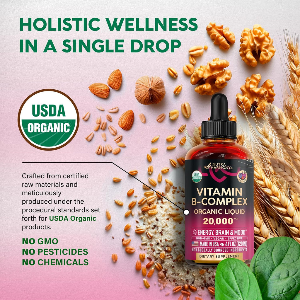 USDA Organic Vitamin B-Complex B5 Pantothenic Acid | B12 Methylcobalamin | B1 Thiamine | B6 Pyridoxine | B7 Biotin | B9 Folic | B3 Niacinamide - B Complex Liquid Drops, Made in USA Supplement, 4fl oz