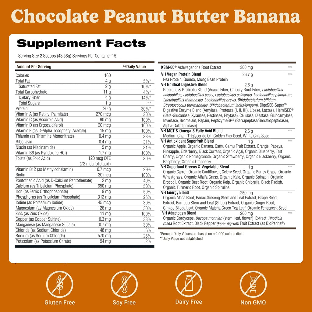 VitaHustle All-in-One Nutrition Shake, Choc Peanut Butter Banana - Plant Based Protein Powder by Kevin Hart – Vegan Meal Replacement Shake with KSM66 Ashwagandha & 86+ Superfoods - Organic Meal Replacement Powder
