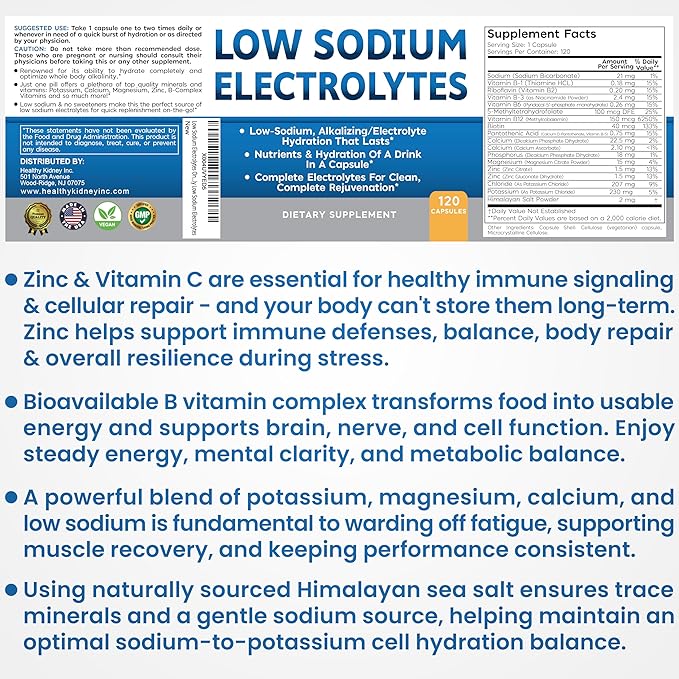 Low Sodium Electrolytes Only 23mg Serving 120 Servings Almost No Sodium Electrolyte Supplement, Sugar Free Fast Hydration Potassium, Magnesium, Zinc, C & More Kidney Friendly Low Sodium Electrolytes