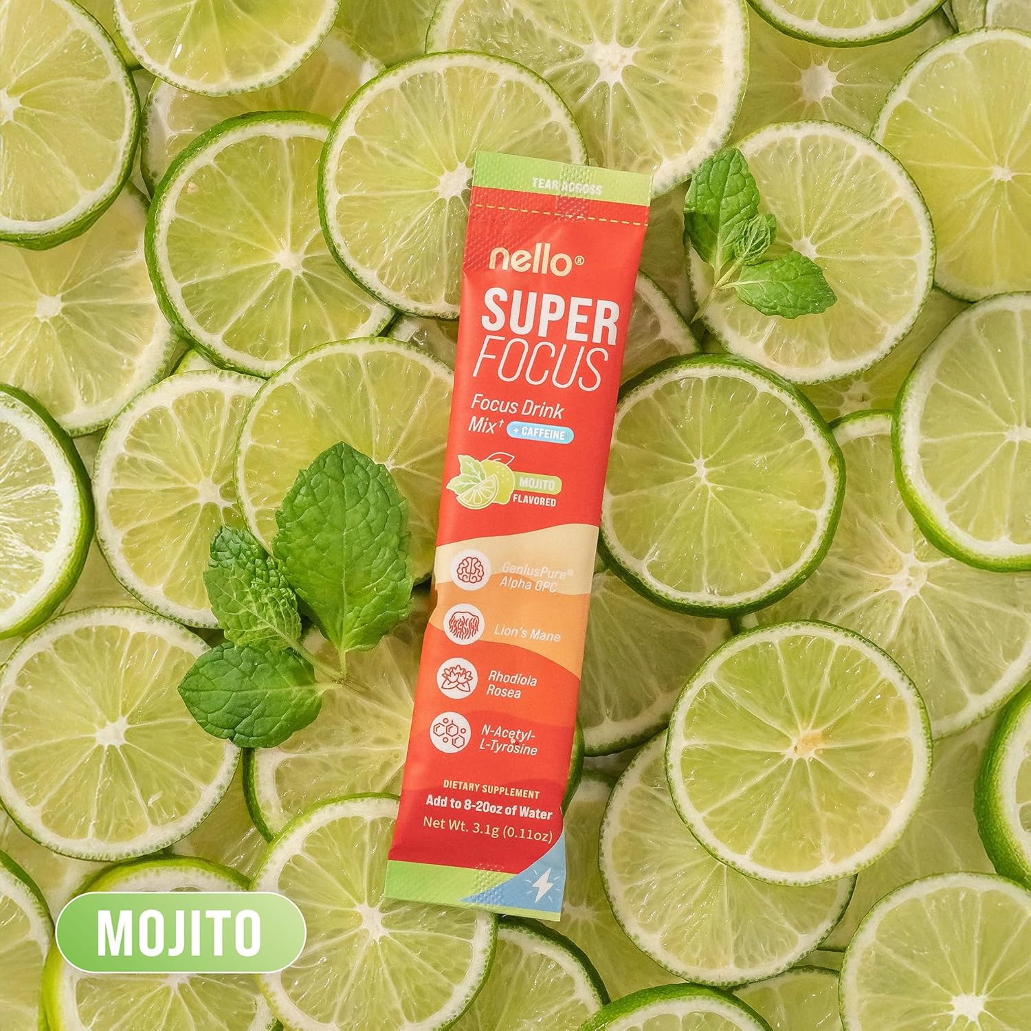 Nello SuperFocus Mojito with Caffeine– Nootropic Focus Drink Mix, 20 On-The-Go Packets, Alpha GPC, Lion’s Mane, Rhodiola, Sugar-Free