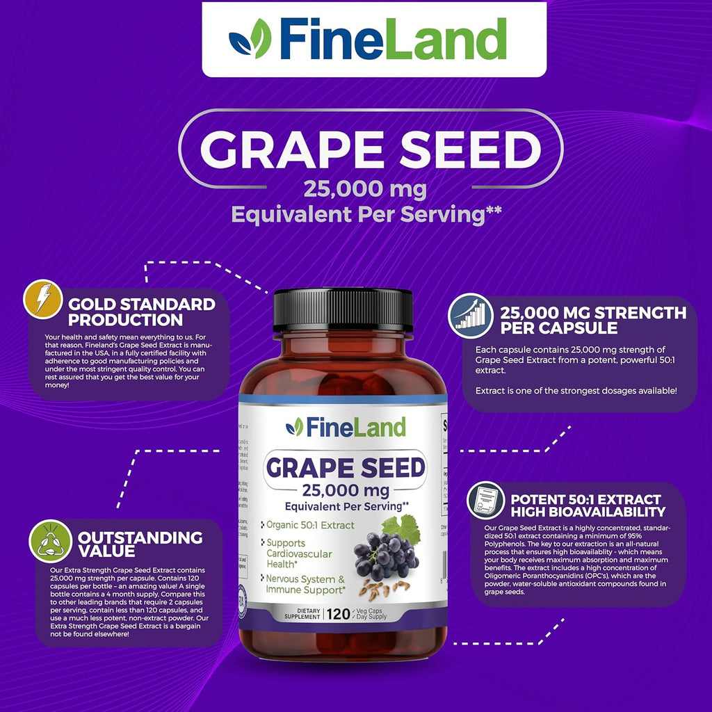 FineLand Grape Seed Extract 50:1 – 25,000mg Equivalent per Capsule – 120 Vegan Capsules – Rich in Antioxidants | Heart, Immune & Circulation Support – Non-GMO | Made in USA