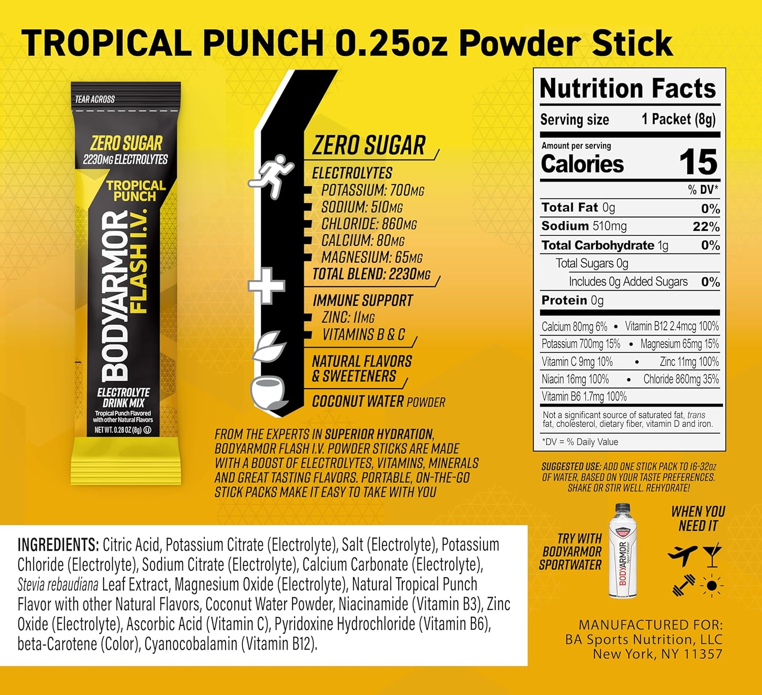 BODYARMOR Flash IV Electrolyte Packets, Tropical Punch - Zero Sugar Drink Mix, Single Serve Packs, Coconut Water Powder, Hydration for Workout, Travel Essentials, Just Add Sticks to Liquid (15 Count)