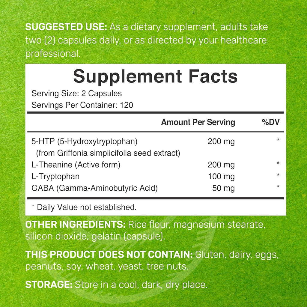 5-HTP 200mg Per Serving, 240 Capsules, 98% African Derived Griffonia Seed Extract | 4 in 1 Formula | Plus Active L Theanine, L Tryptophan, & GABA | Relaxation Support