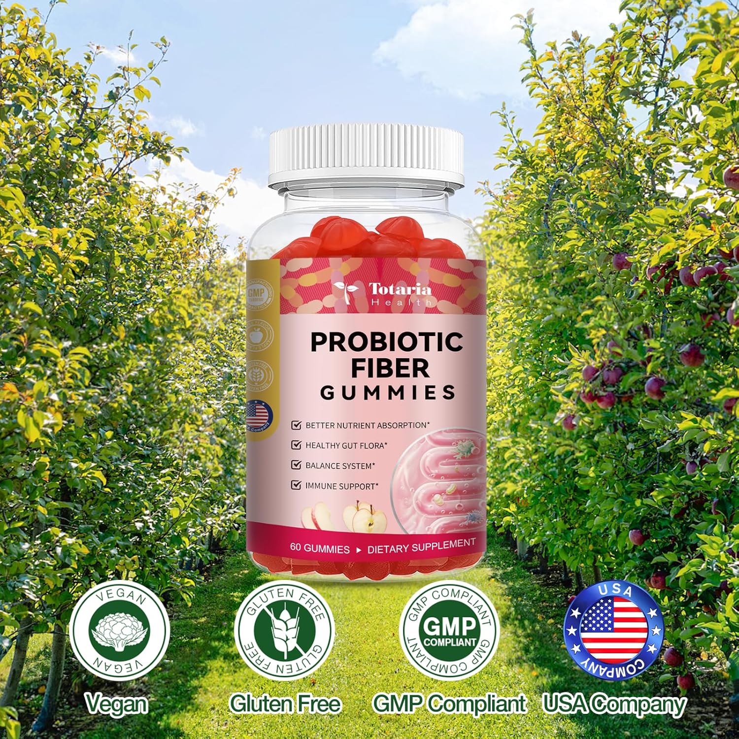 9-in-1 Probiotic Fiber Gummies for Adults & Teens 16G Fiber per Serving, Psyllium Fiber Supplement with 5 Billion CFU Bacillus Coagulans, Inulin, ACV for Digestive, Gut & Immune Wellness - 60 Gummies
