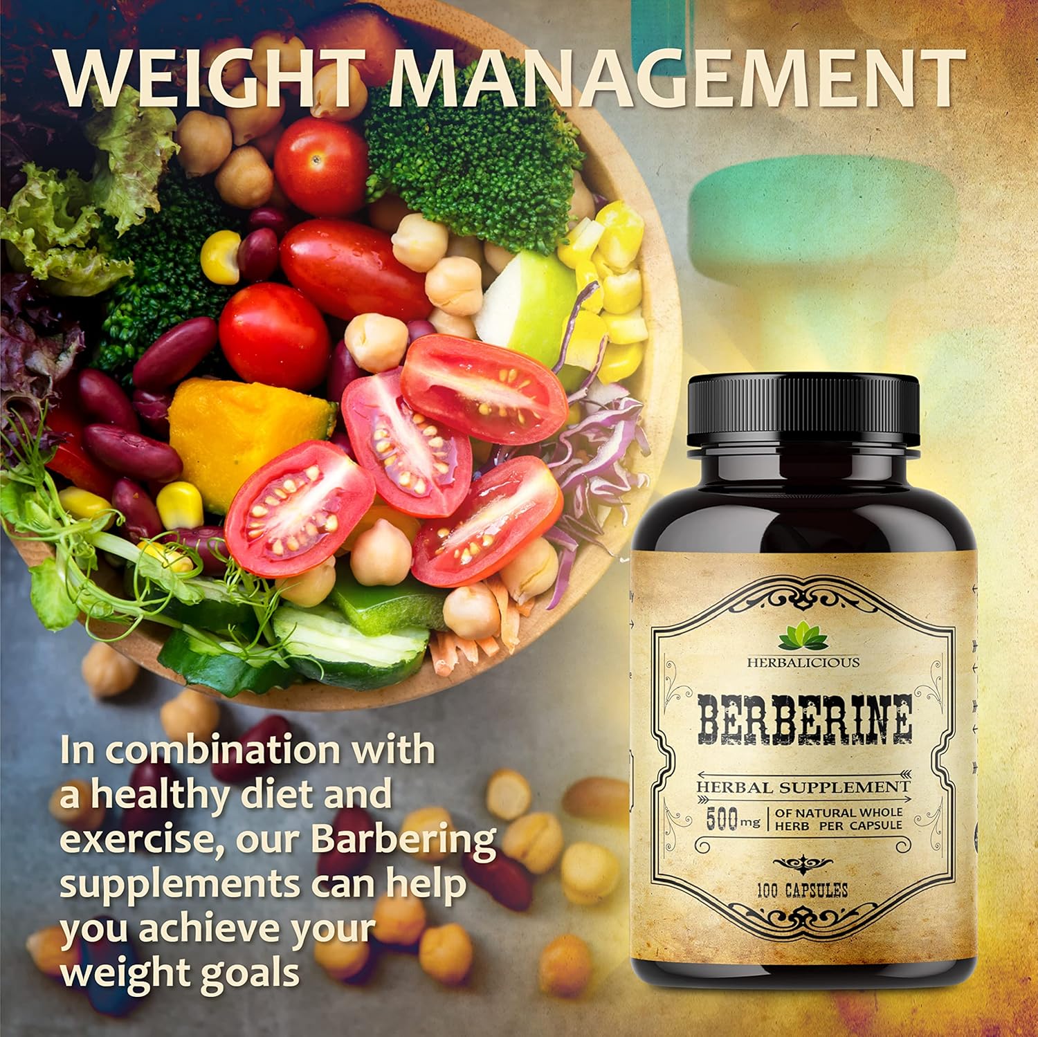 Berberine Supplement – 100 Capsules Berberine HCL Dietary Supplement for Men and Women – Non GMO Berberine 500mg – Ideal for Immune Support, Heart, Cholesterol Levels