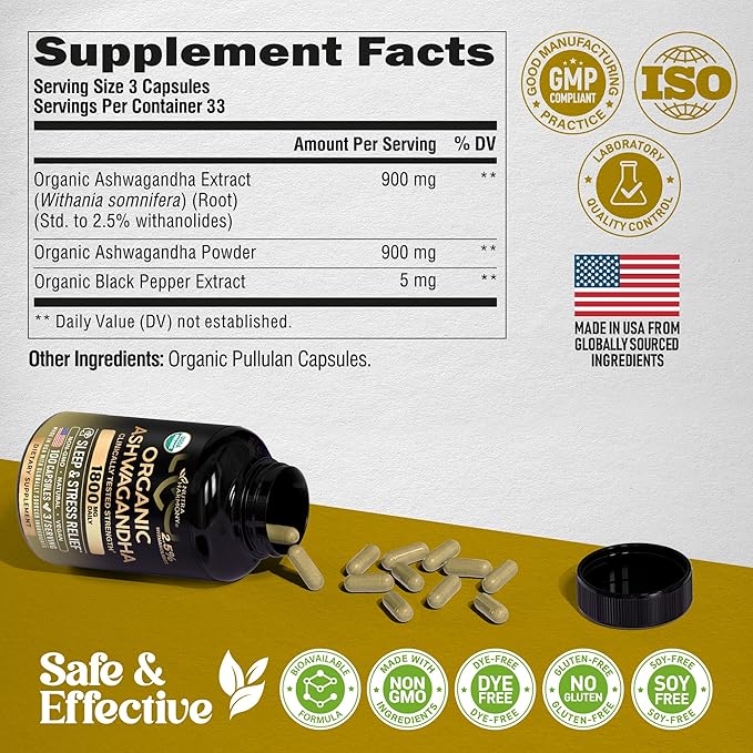 Ashwagandha Supplements 1800mg - USDA Organic Ashwagandha for Women & Men - Clinically Effective Strength for Stress Relief & Sleep - Powder & Root Extract 2.5% Withanolides - Made in USA 100 Capsules