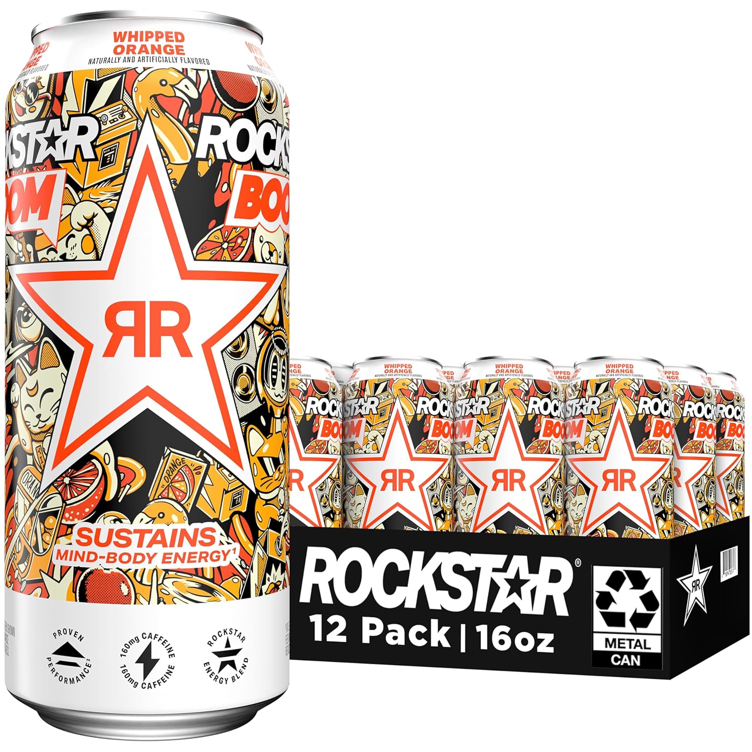 Rockstar Energy Drink Boom Whipped Orange, 16 Fl Oz (Pack of 12)