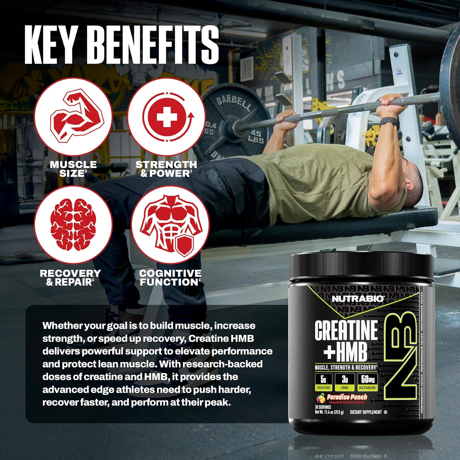 NutraBio Creatine + HMB- Creatine Monohydrate with HMB Powder for Muscle Growth, Increased Strength- 30 Servings (Paradise Punch)