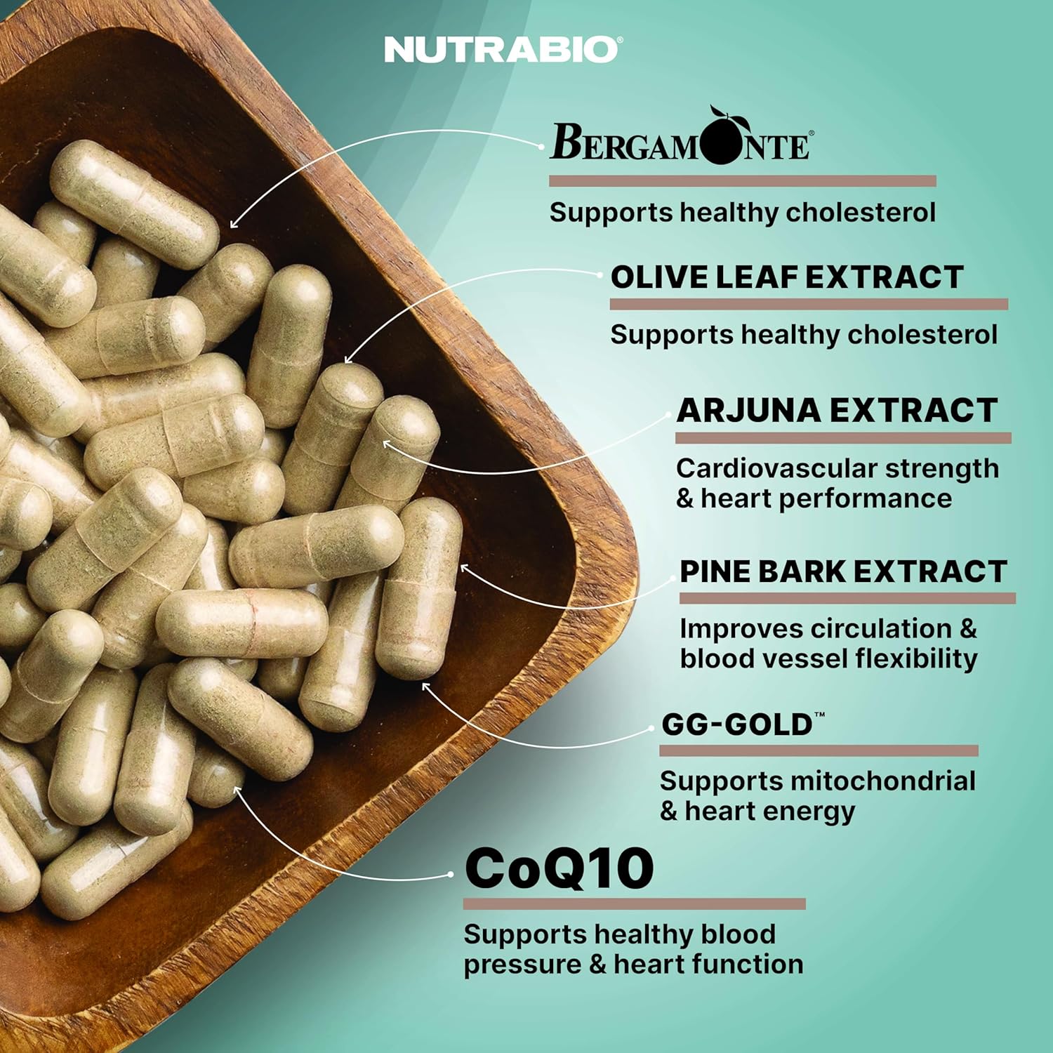 NutraBio Heart- Heart Health Supplements, Cardiovascular Supplement, Cholesterol, Circulatory & Healthy Blood Pressure Support- 90 Capsules