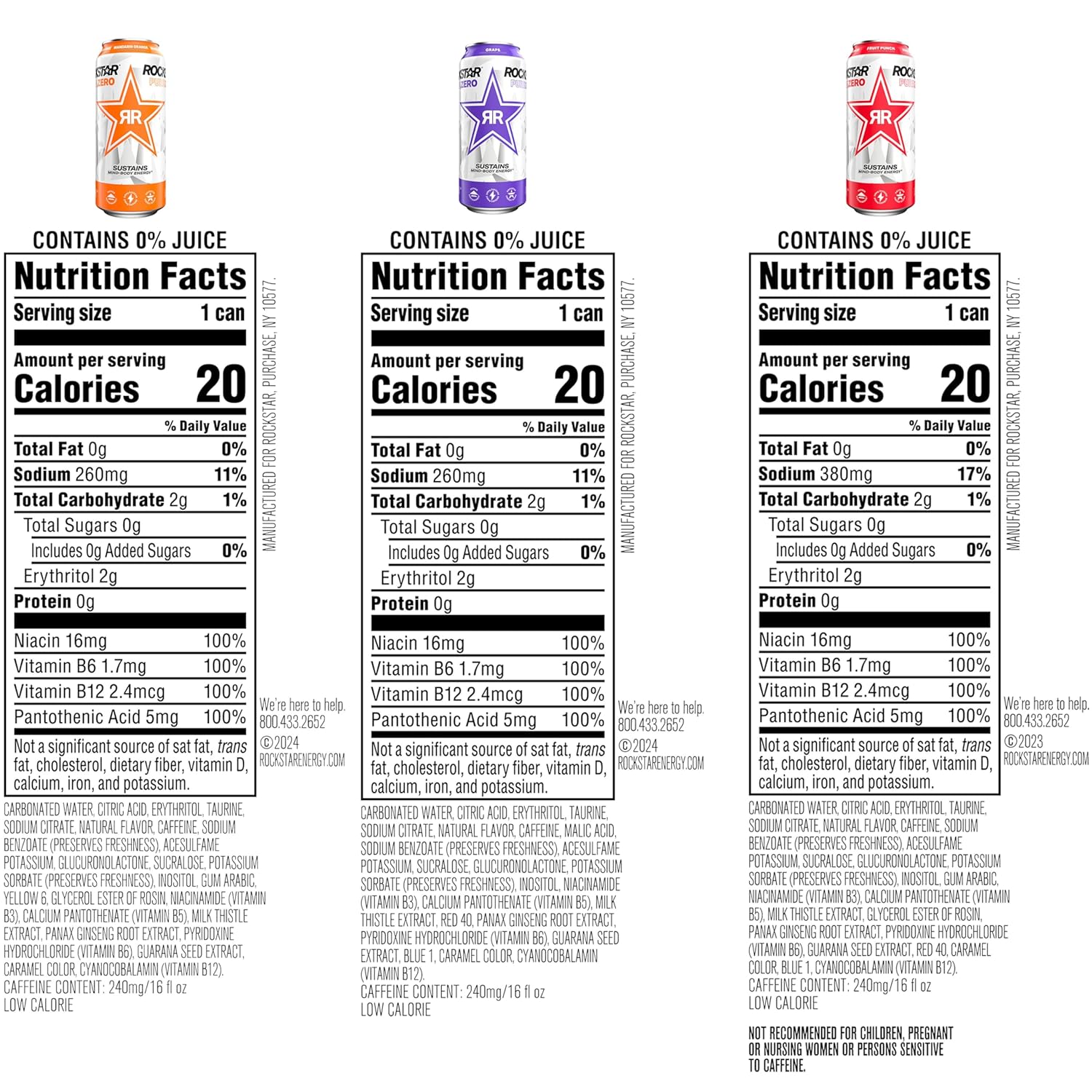 Rockstar Pure Zero Energy Drink,3 Flavor Pure Zero Variety Pack 2, 0 Sugar, with Caffeine and Taurine, 16oz Cans (12 Pack) (Packaging May Vary)