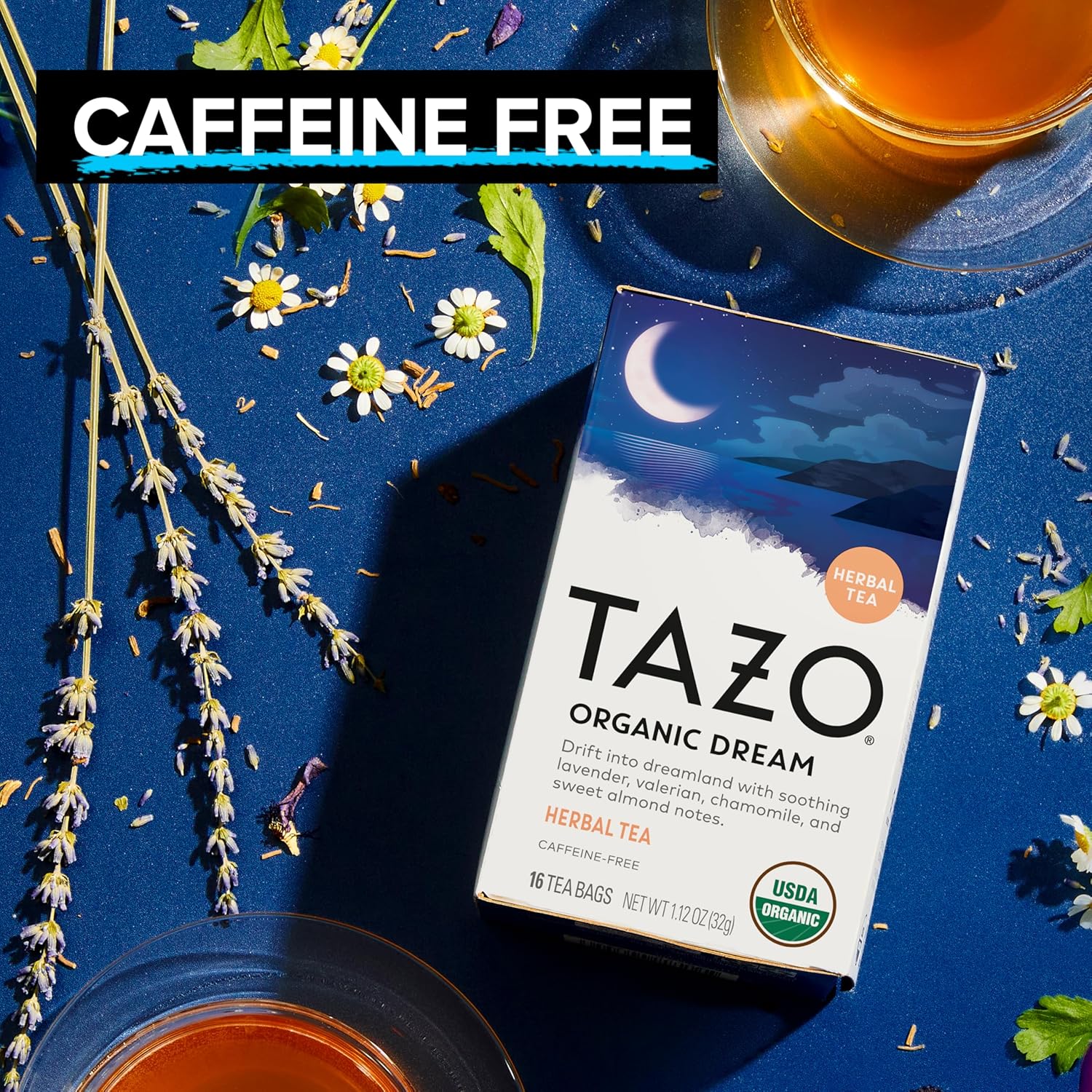 TAZO Organic DREAM Herbal Tea Bags, Caffeine-Free Bedtime Tea, Relaxing Chamomile and Lavender Blend, 16 Total Tea Bags