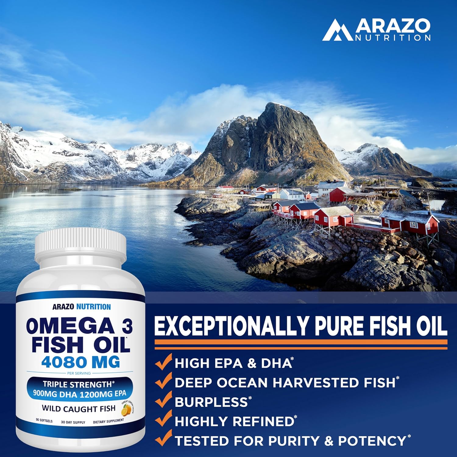 Arazo Nutrition Wild Caught Omega 3 Fish Oil – 90 Soft Gels – 4,080mg High EPA 1200mg DHA 900mg Lemon Flavor Burpless Softgels