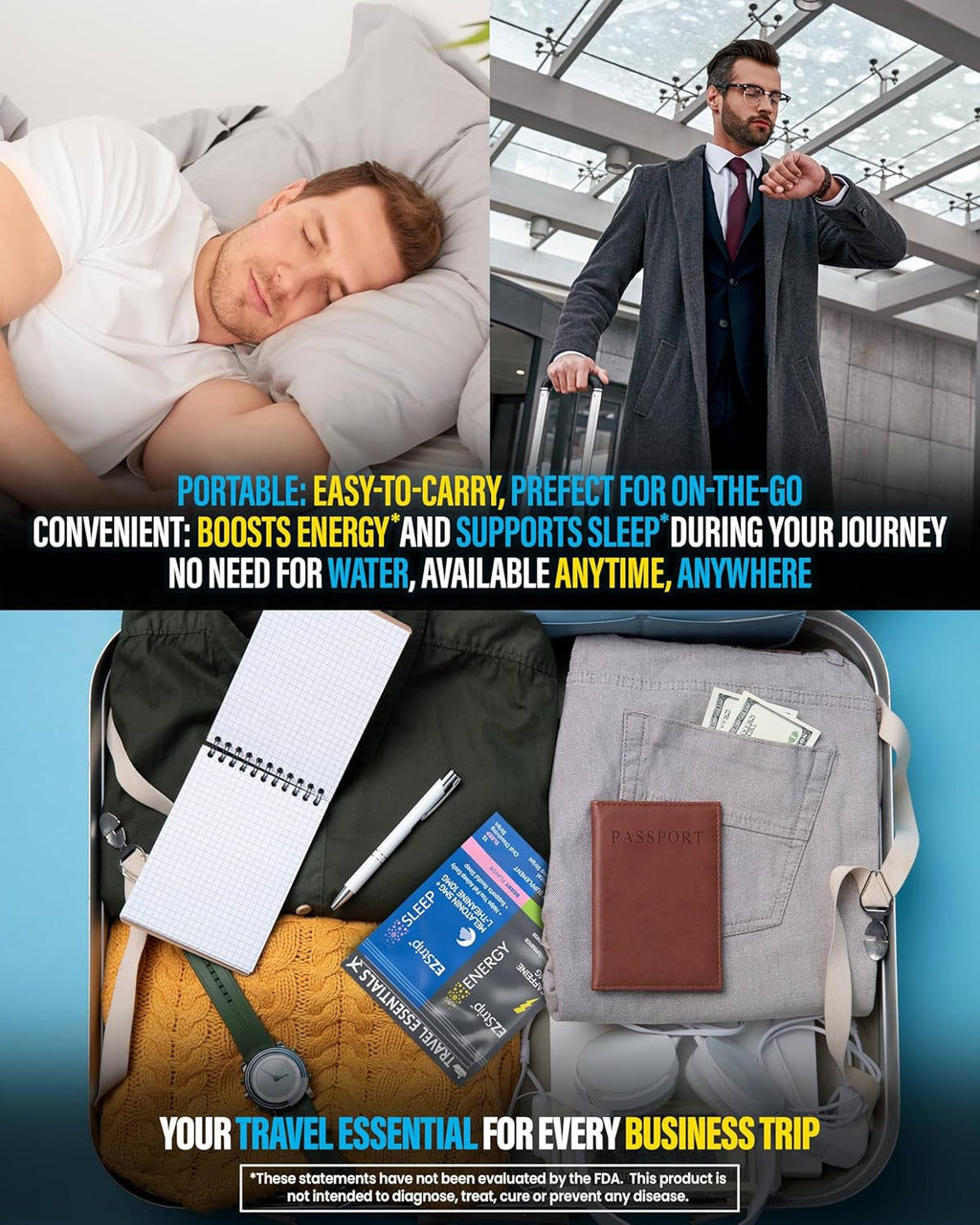 Travel Pack with Energy & Sleep Supplements - 30 Count - Portable Pack with Caffeine Strips for Energy and Melatonin Strips for Sleep Support During Travel - Made in USA, Sugar & Gluten Free