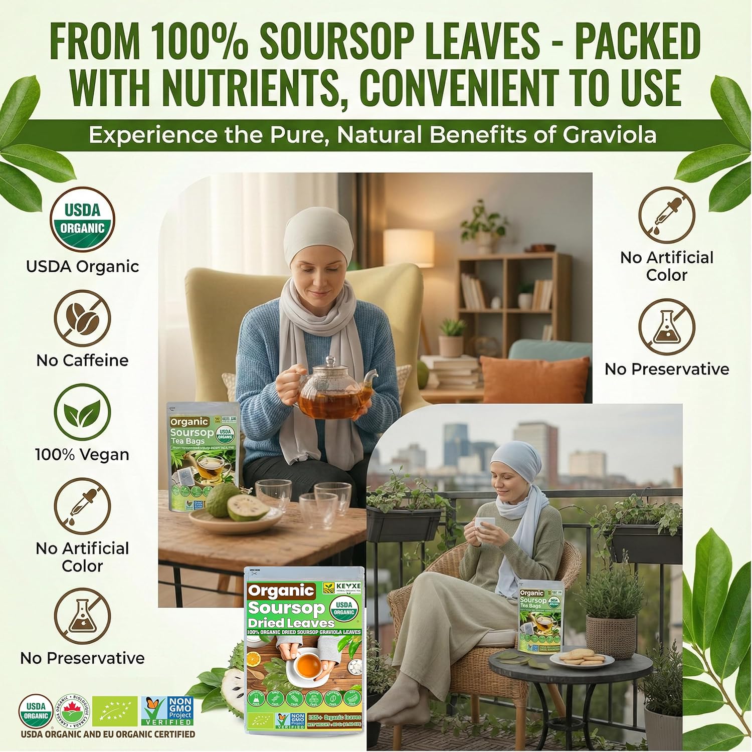 KEYXE Soursop Dried Leaves Tea USDA Organic Certified & Non GMO Verified, Caffeine Free, No Gluten, Vegan, 270-300 Whole Dried Soursop Leaves, Wildcrafted, Hoja De Guanabana
