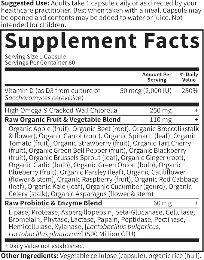 Garden of Life Vitamin D, Vitamin Code Raw D3, Vitamin D 2,000 IU, Raw Whole Food D3 Supplements with Chlorella, Fruit, Veggies & Probiotics for Bone & Immune Health, 60 Vegetarian Capsules