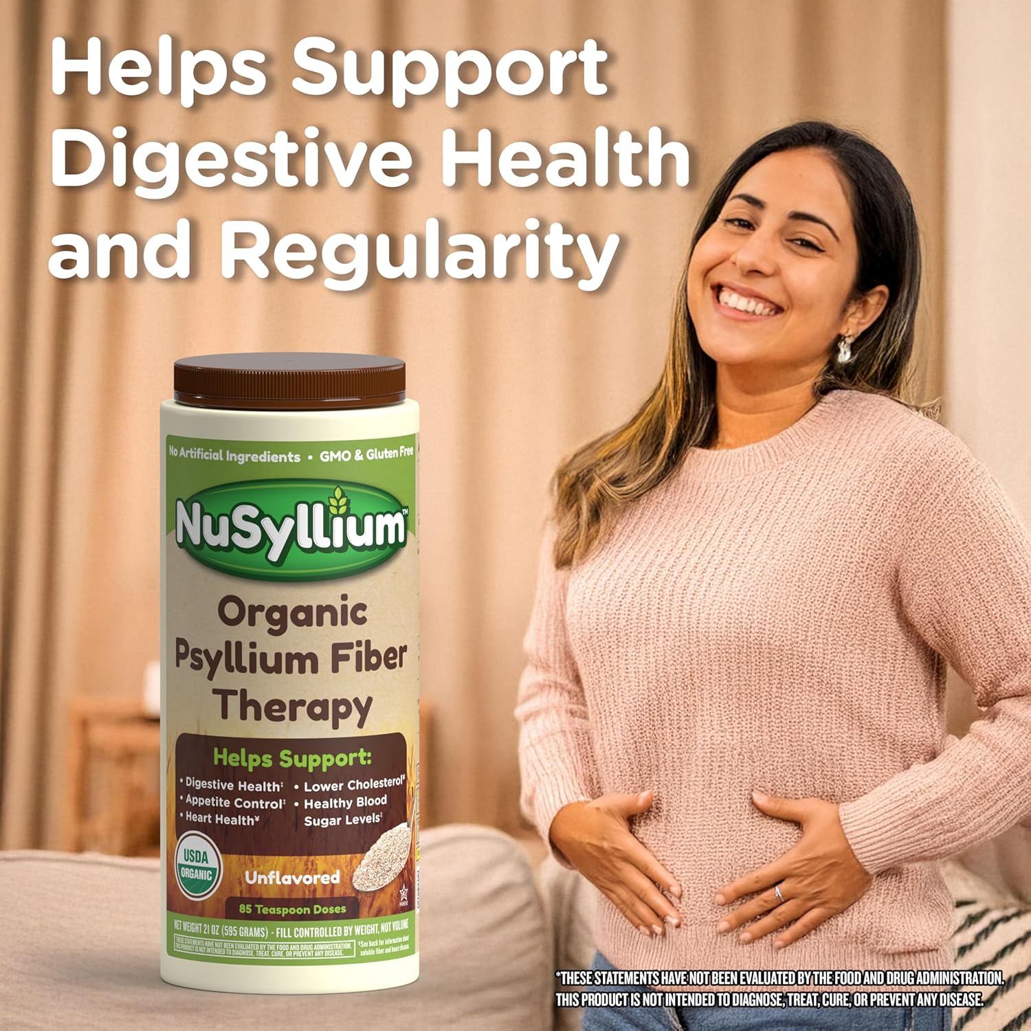 NuSyllium Psyllium Husk Powder, USDA Organic, 30.5 Oz, Dietary Fiber Supplement with Brown Sugar, Helps Digestive Health* Natural Orange, 72 Servings