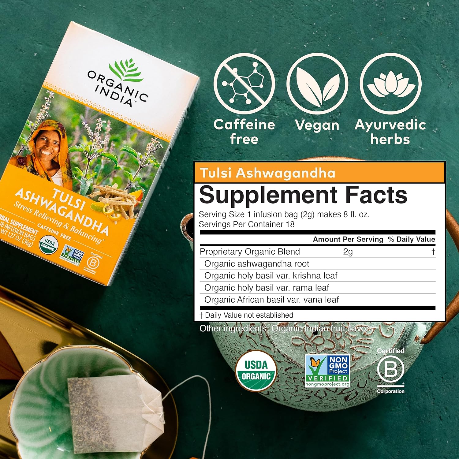 ORGANIC INDIA Calming Tulsi Ashwagandha Tea - Organic Tea Bags, Holy Basil Tea, Vegan, USDA Certified Organic, Non-GMO, Caffeine Free Tea - 18 Infusion Bags, 1 Pack