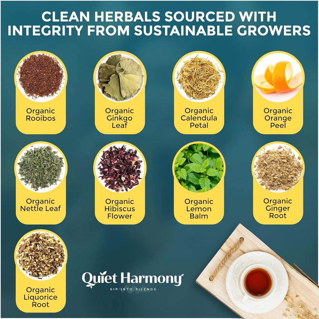 Quiet Harmony Tinnitus Relief Tea – Serenity Soundscape Blend | Ultra Premium Functional Herbal Tea for Ear Health & Nervous System Support | Rooibos, Ginkgo, Lemon Balm | 20 Pyramid Bags | Caffeine-Free