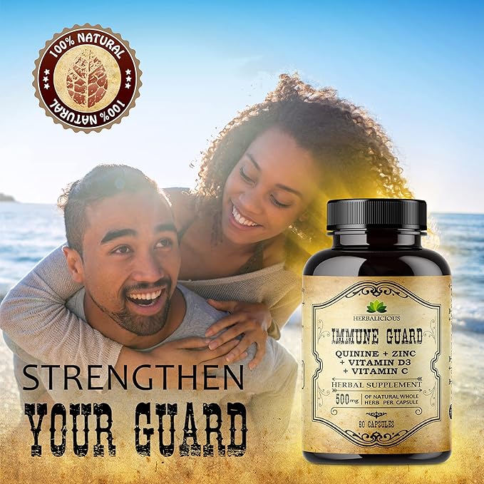 HERBALICIOUS Quinine Immune Guard - Quinine Capsules Supplement with Vitamin C, D3, Zinc - for Muscle Cramps Relief & Stomach Wellness - Non-GMO Cinchona Bark Herbal Supplements - 500mg, 60 Capsules