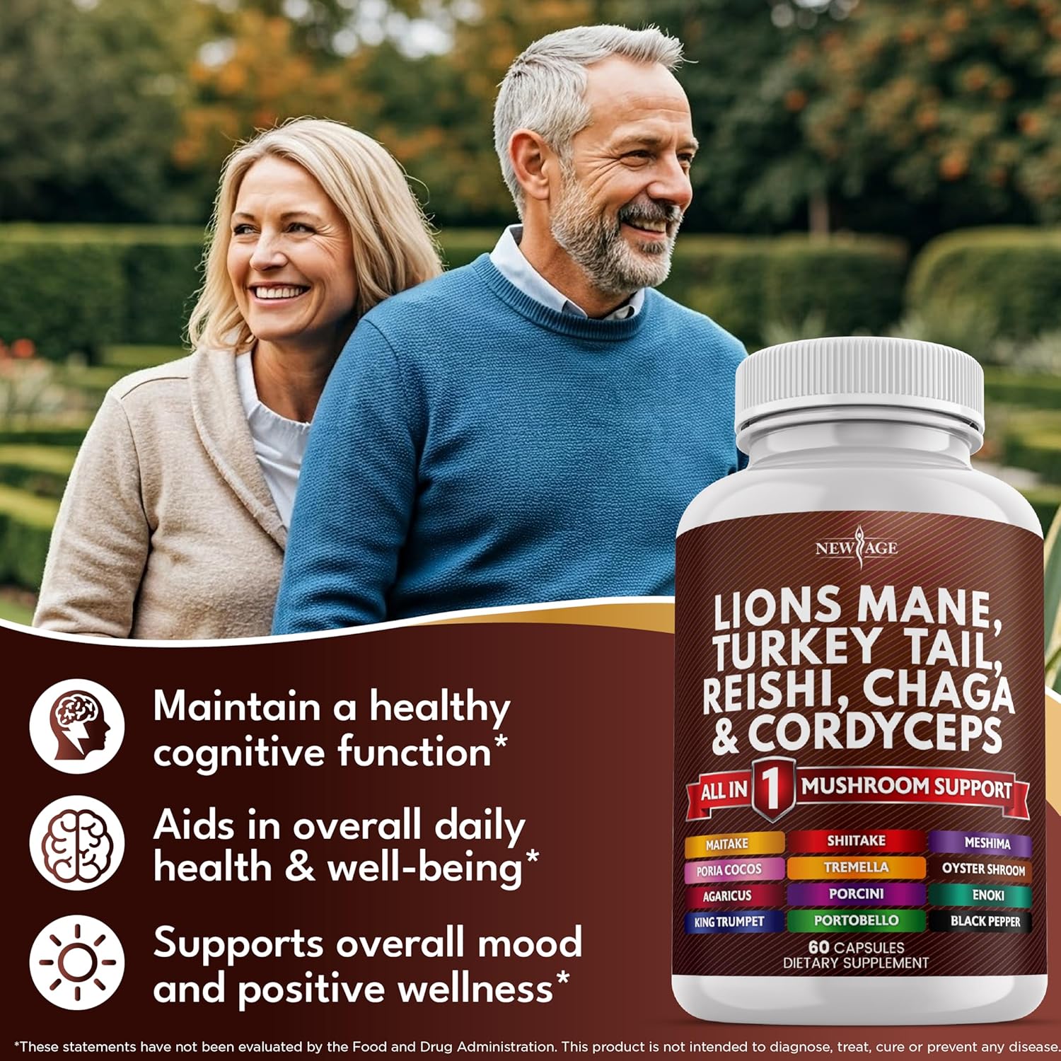 NEW AGE Lions Mane Mushroom Supplement with Turkey Tail Reishi Cordyceps Chaga with Marshmallow Root 180 Count