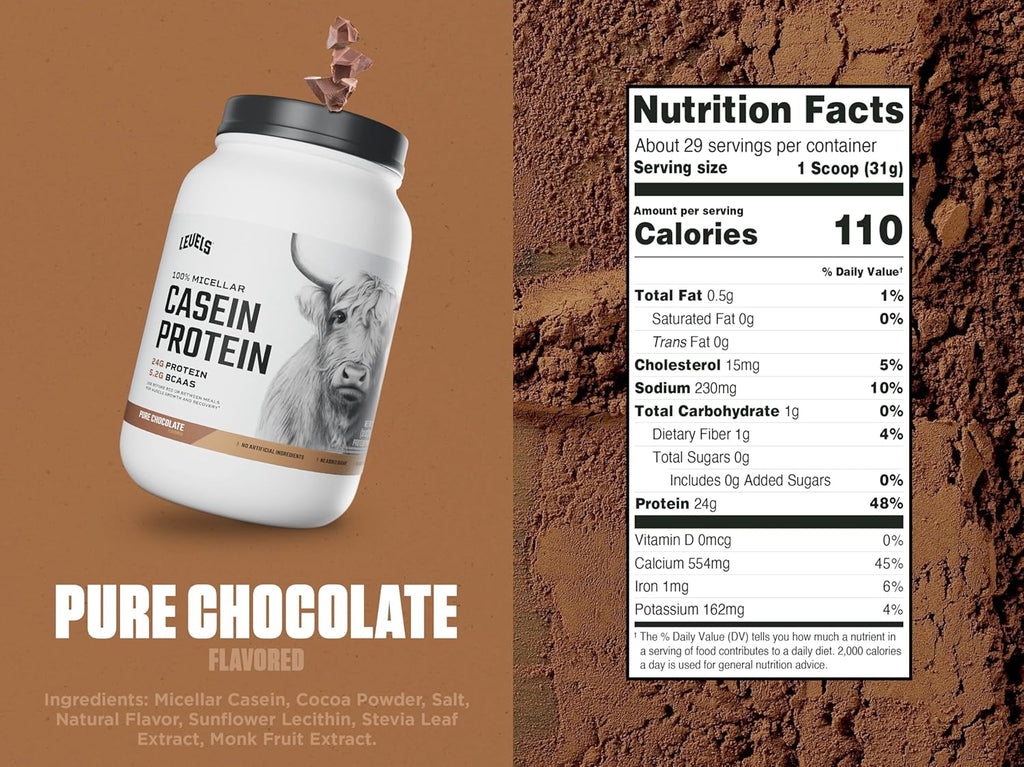 Levels 100% Micellar Casein Protein, Hormone Free, Chocolate, 2LB